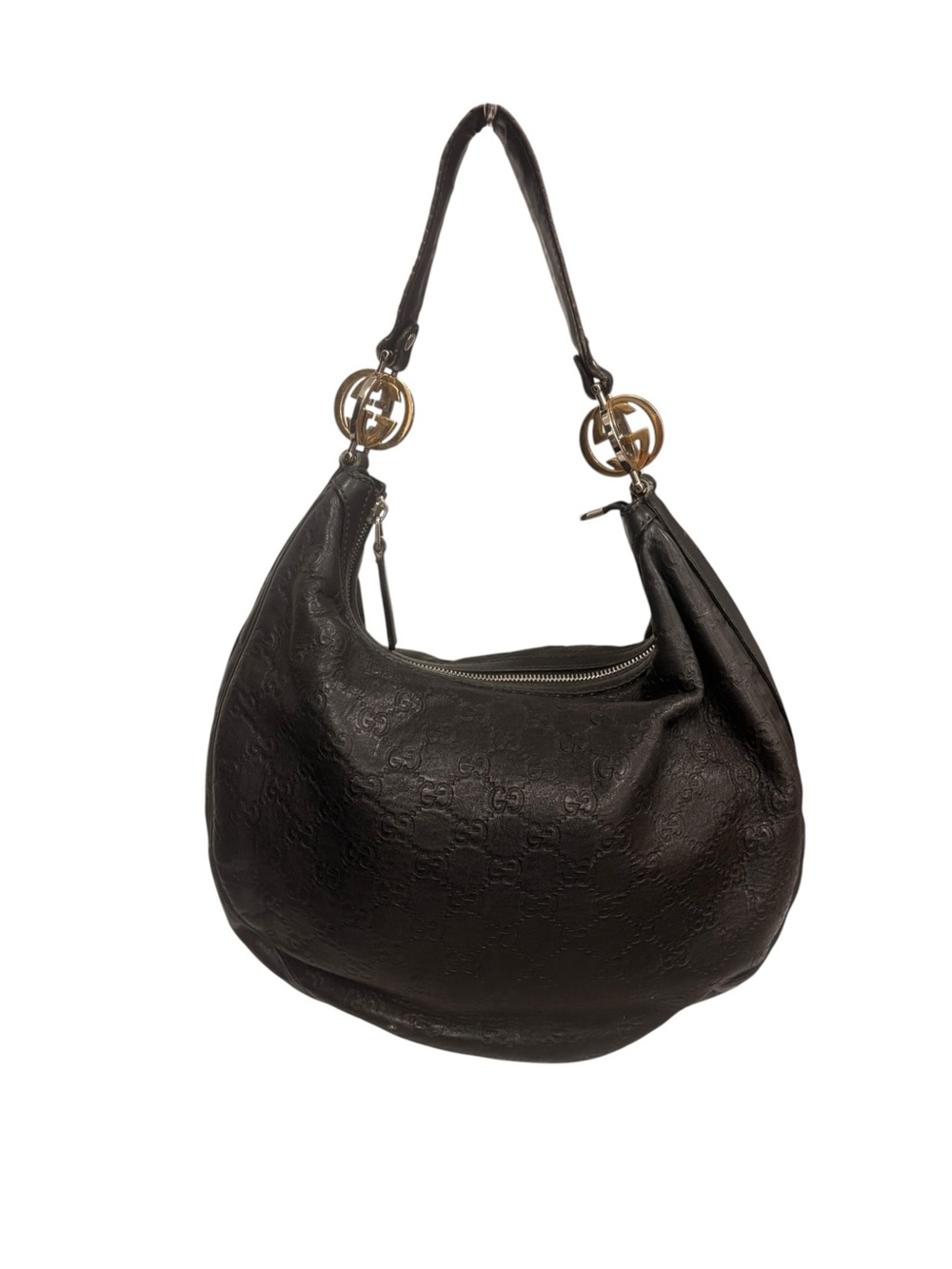 Gucci Black Embossed Leather Hobo with Gold Double G Accents